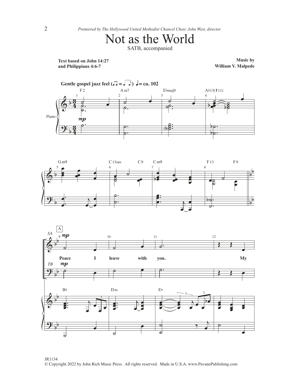 Download William V. Malpede Not as the World Sheet Music and learn how to play SATB Choir PDF digital score in minutes