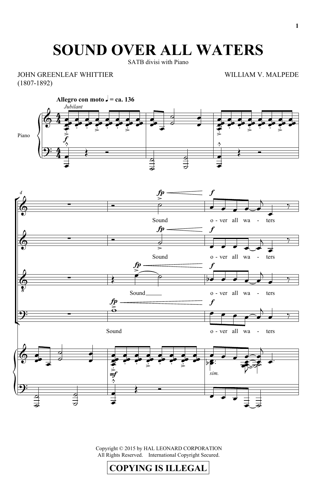 Download William V. Malpede Sound Over All Waters Sheet Music and learn how to play SATB PDF digital score in minutes