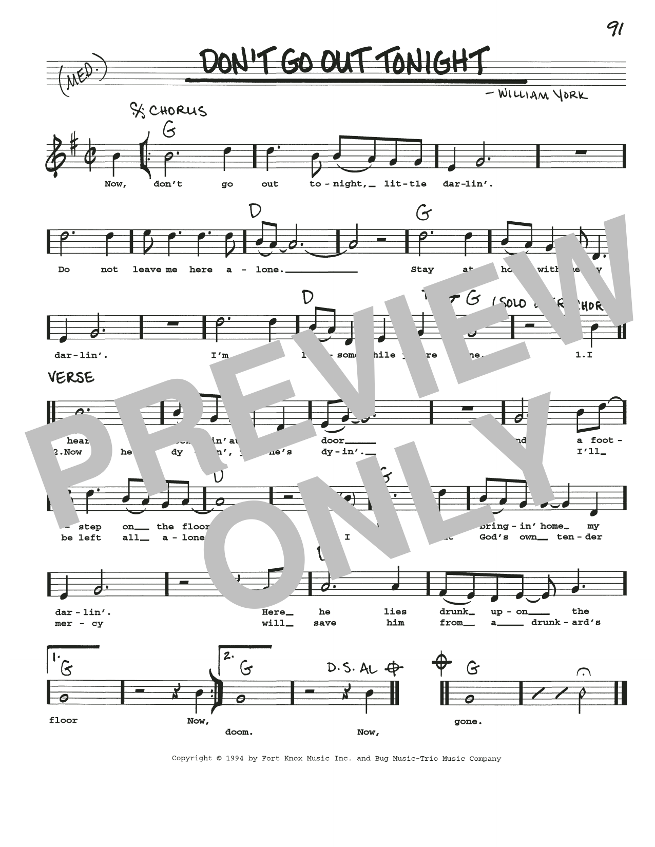 Download William York Don't Go Out Tonight Sheet Music and learn how to play Real Book – Melody, Lyrics & Chords PDF digital score in minutes