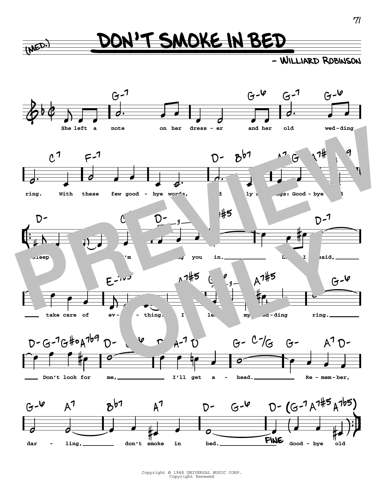 Download Williard Robinson Don't Smoke In Bed (High Voice) Sheet Music and learn how to play Real Book – Melody, Lyrics & Chords PDF digital score in minutes