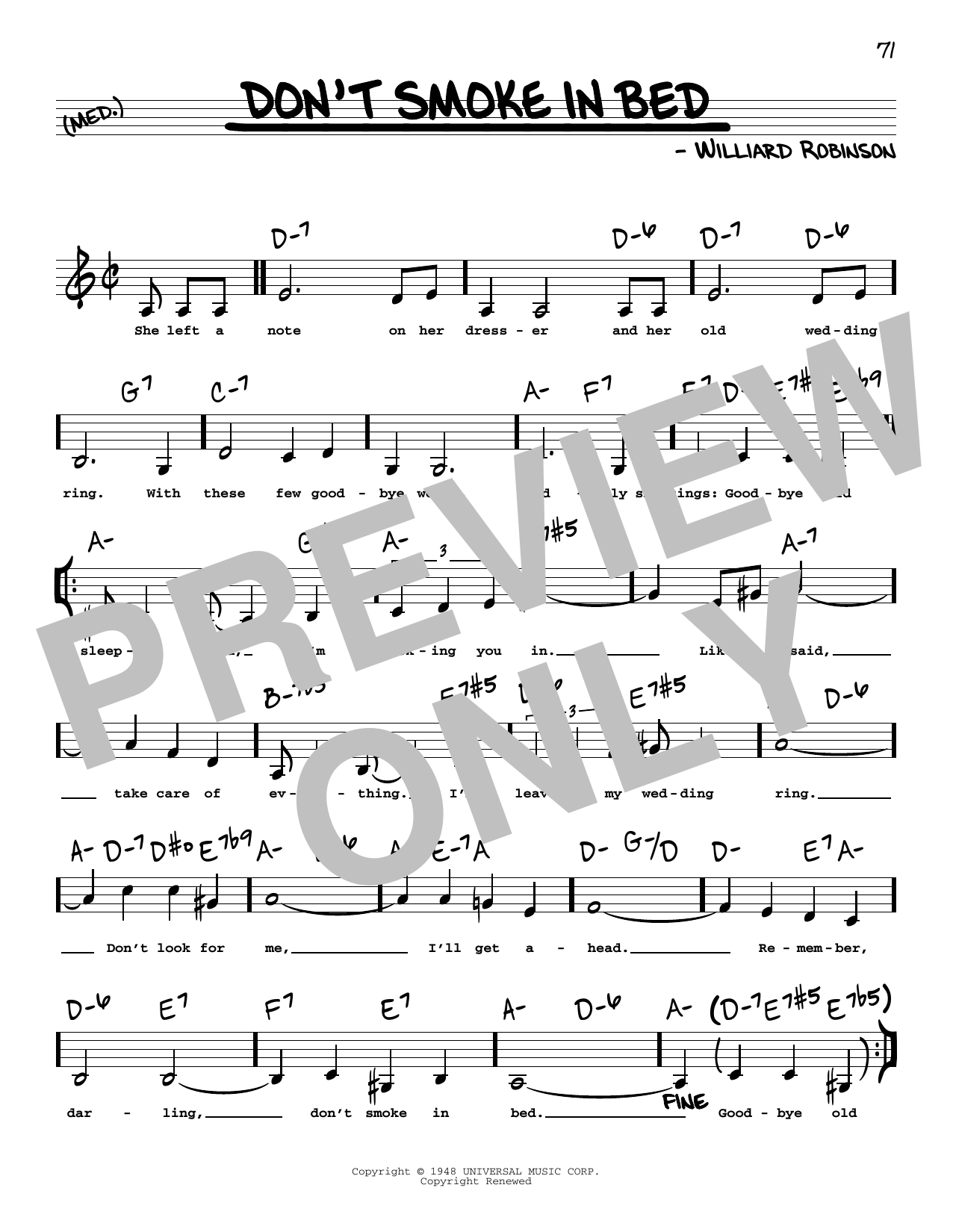 Download Williard Robinson Don't Smoke In Bed (Low Voice) Sheet Music and learn how to play Real Book – Melody, Lyrics & Chords PDF digital score in minutes
