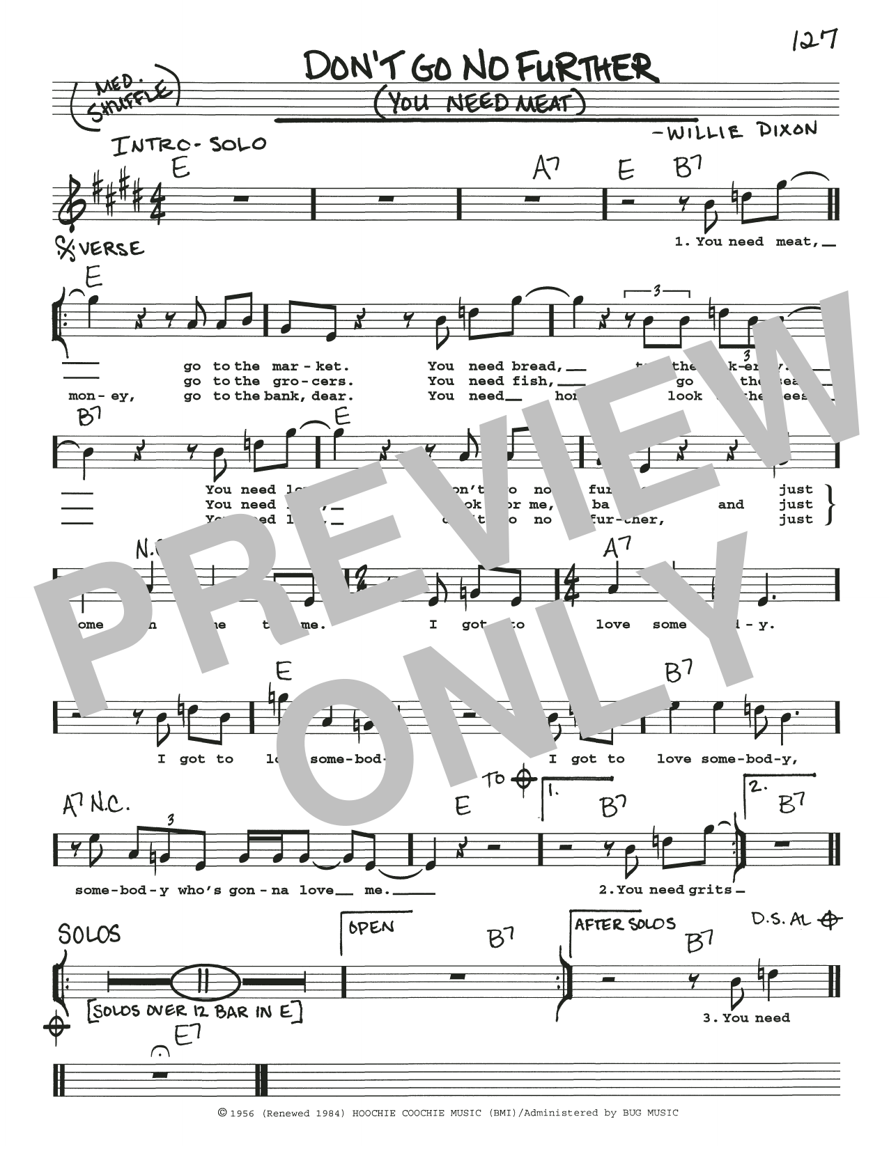 Download Willie Dixon Don't Go No Further (You Need Meat) Sheet Music and learn how to play Real Book – Melody, Lyrics & Chords PDF digital score in minutes