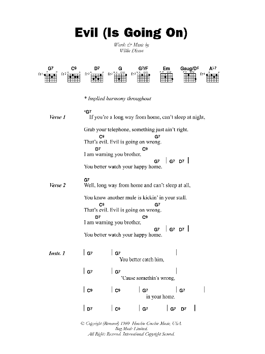 Download Willie Dixon Evil (Is Going On) Sheet Music and learn how to play Lyrics & Chords PDF digital score in minutes