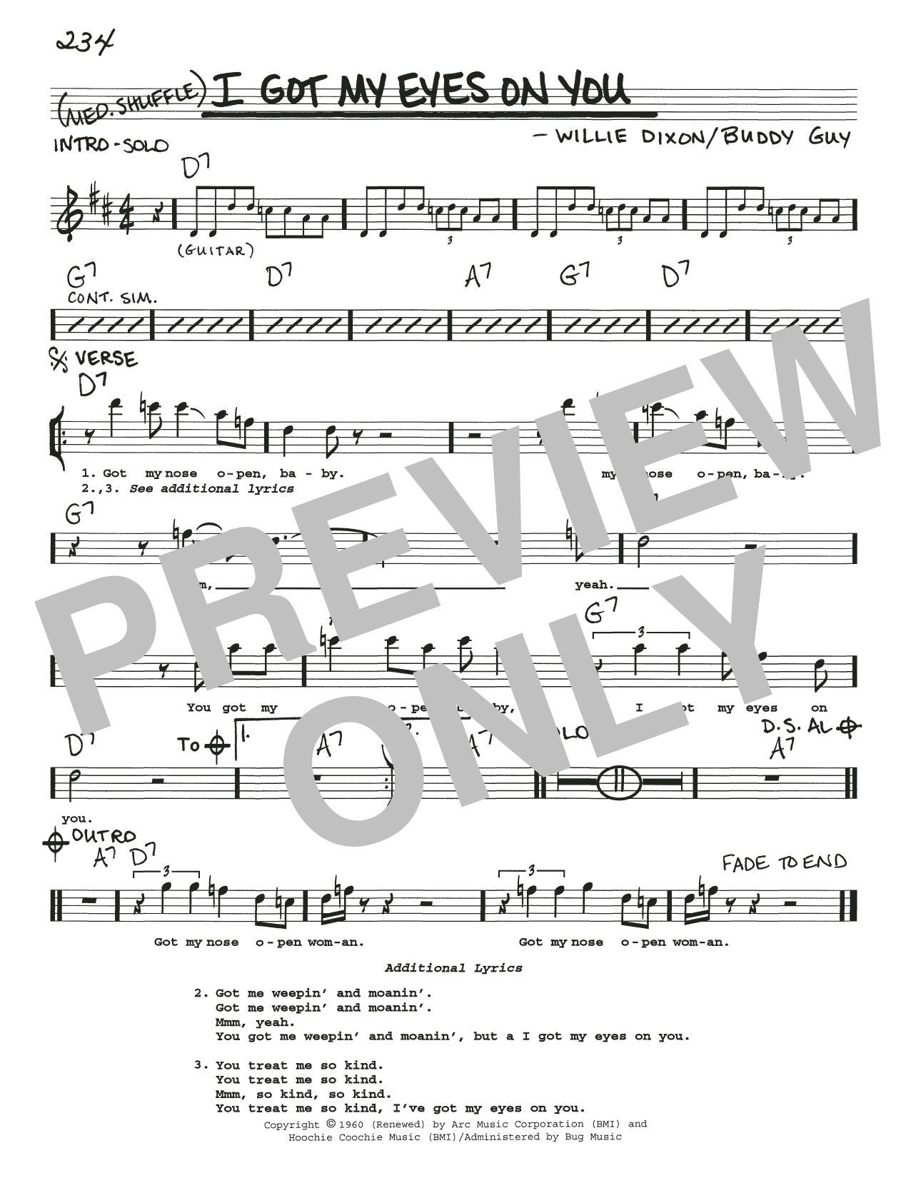 Download Willie Dixon I Got My Eyes On You Sheet Music and learn how to play Real Book – Melody, Lyrics & Chords PDF digital score in minutes