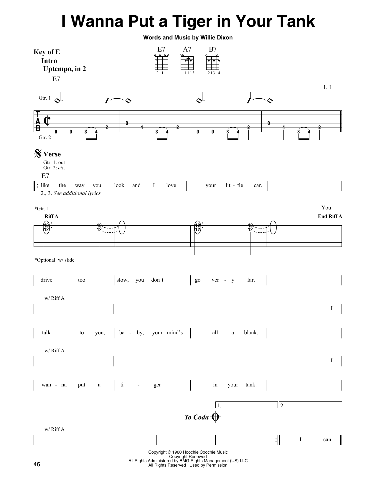 Download Willie Dixon I Wanna Put A Tiger In Your Tank Sheet Music and learn how to play Guitar Lead Sheet PDF digital score in minutes