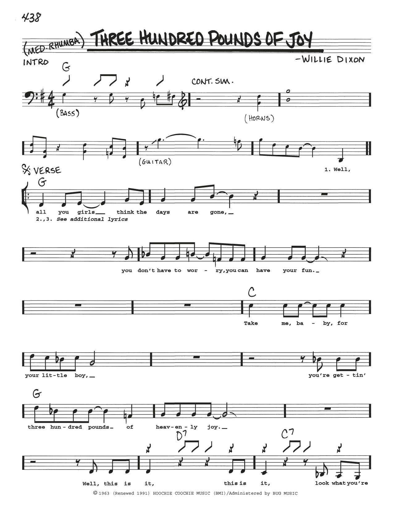 Download Willie Dixon Three Hundred Pounds Of Joy Sheet Music and learn how to play Real Book – Melody, Lyrics & Chords PDF digital score in minutes