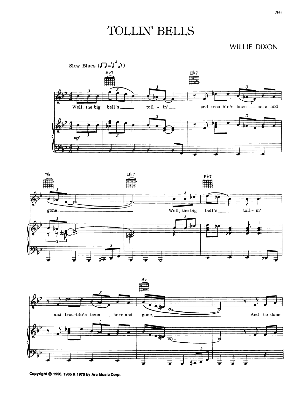 Download Willie Dixon Tollin' Bells Sheet Music and learn how to play Piano, Vocal & Guitar Chords (Right-Hand Melody) PDF digital score in minutes