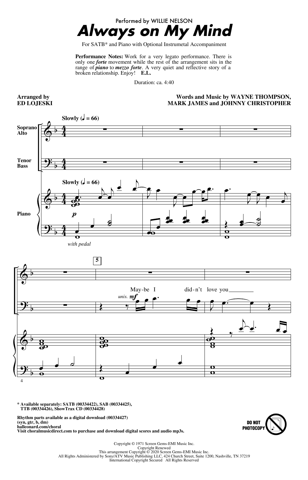 Download Willie Nelson Always On My Mind (arr. Ed Lojeski) Sheet Music and learn how to play SATB Choir PDF digital score in minutes