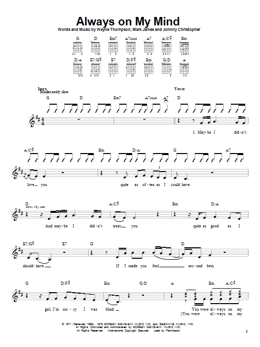 Download Willie Nelson Always On My Mind Sheet Music and learn how to play Lyrics & Piano Chords PDF digital score in minutes