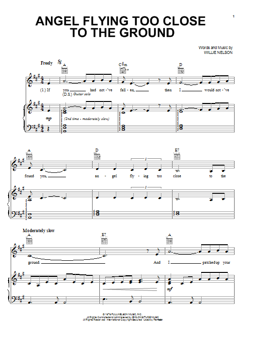 Download Willie Nelson Angel Flying Too Close To The Ground Sheet Music and learn how to play Piano, Vocal & Guitar (Right-Hand Melody) PDF digital score in minutes