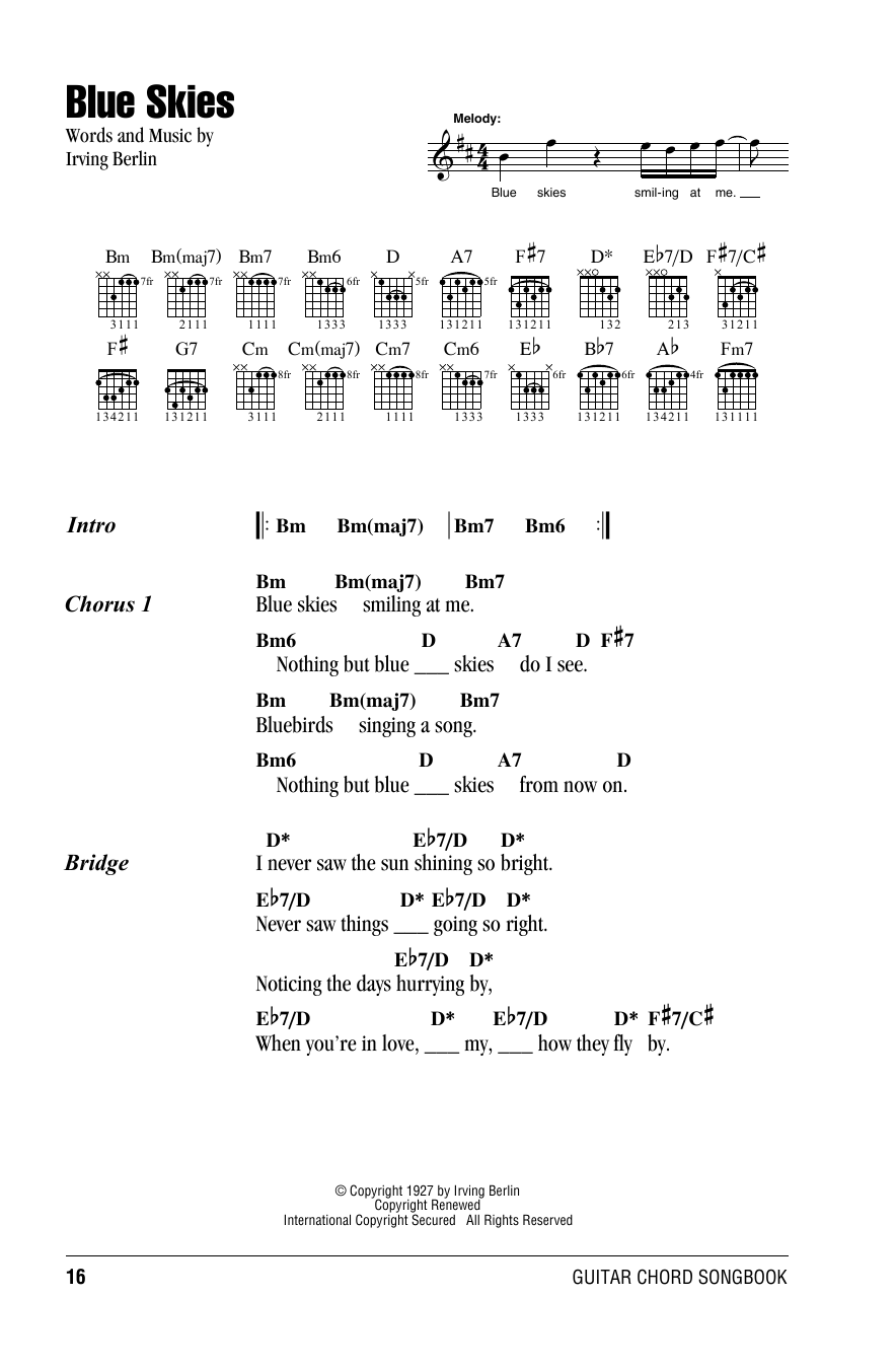 Download Willie Nelson Blue Skies Sheet Music and learn how to play Lyrics & Chords PDF digital score in minutes