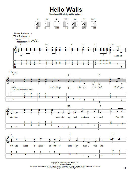 Download Willie Nelson Hello Walls Sheet Music and learn how to play Easy Guitar Tab PDF digital score in minutes