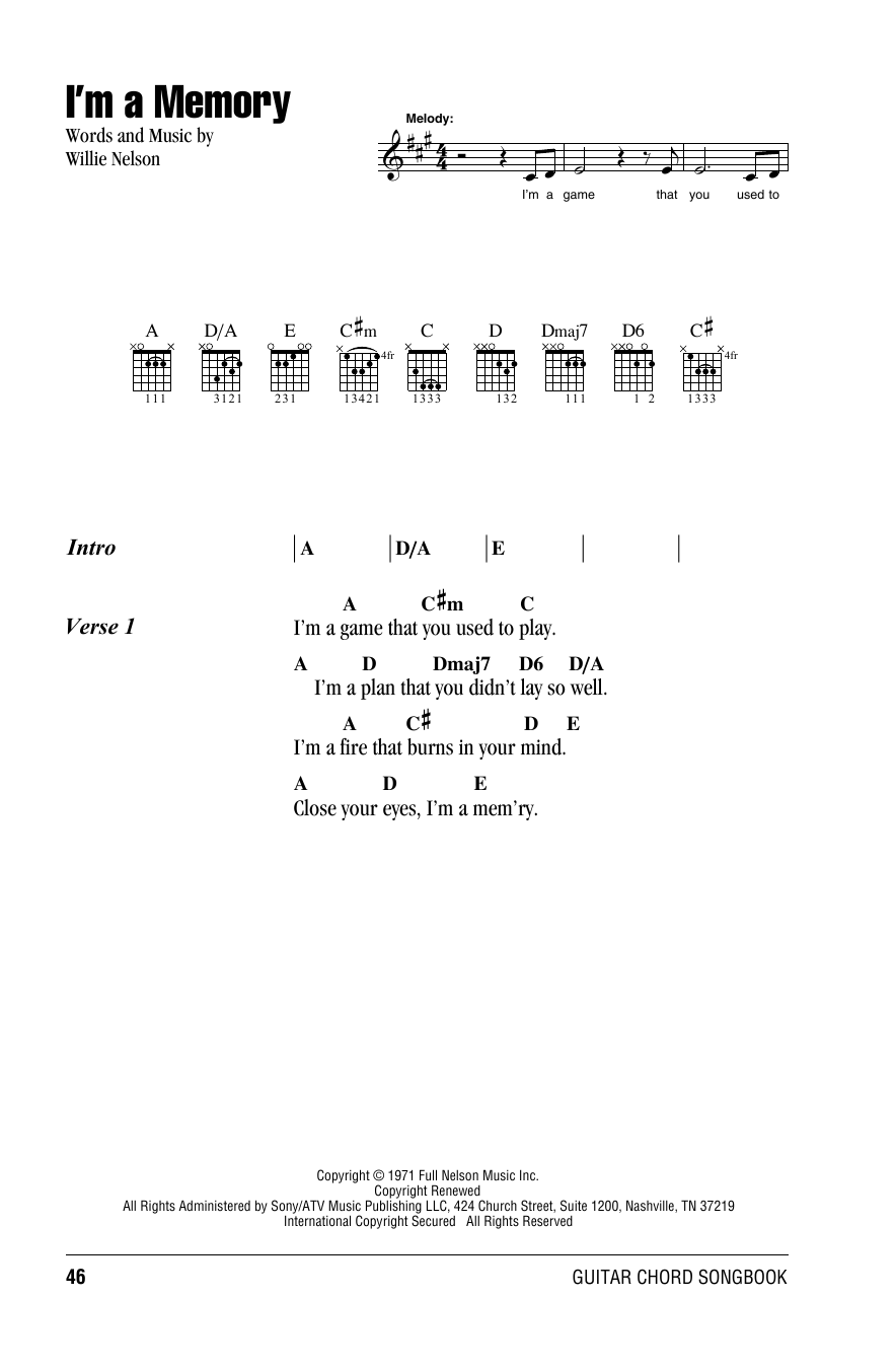 Download Willie Nelson I'm A Memory Sheet Music and learn how to play Lyrics & Chords PDF digital score in minutes