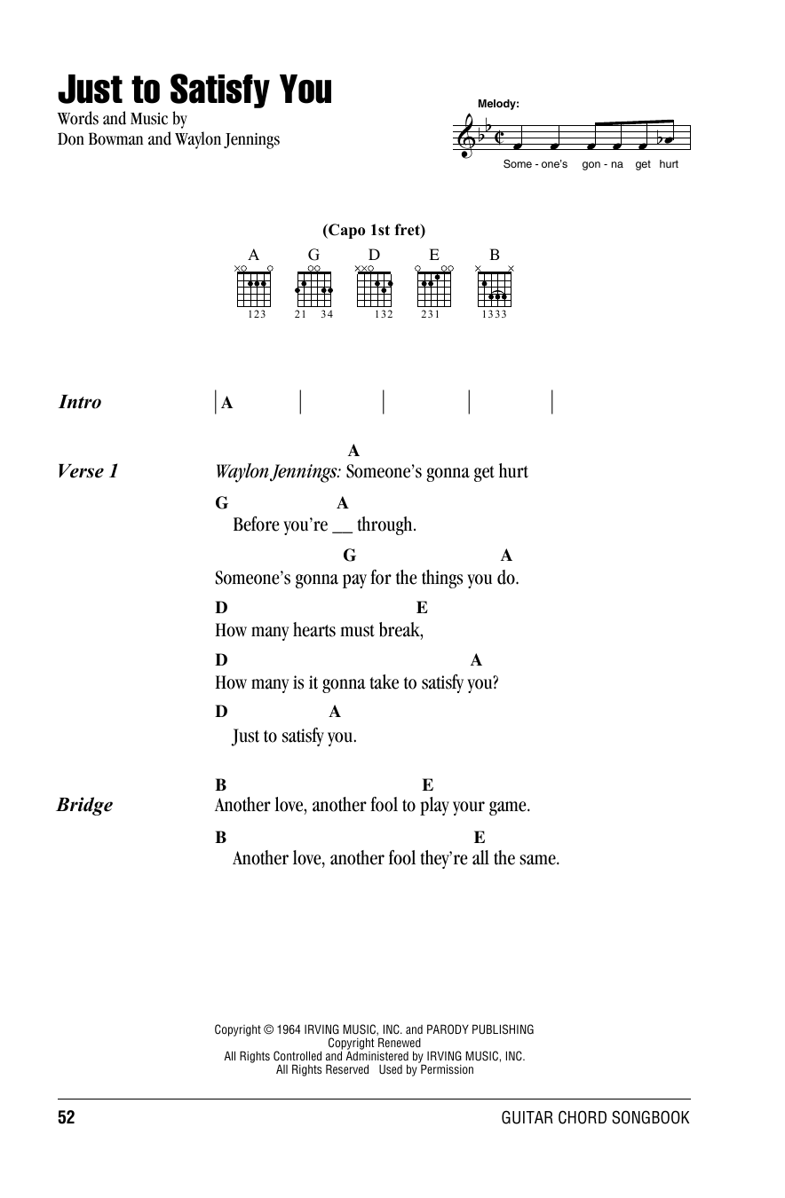 Download Willie Nelson Just To Satisfy You Sheet Music and learn how to play Lyrics & Chords PDF digital score in minutes