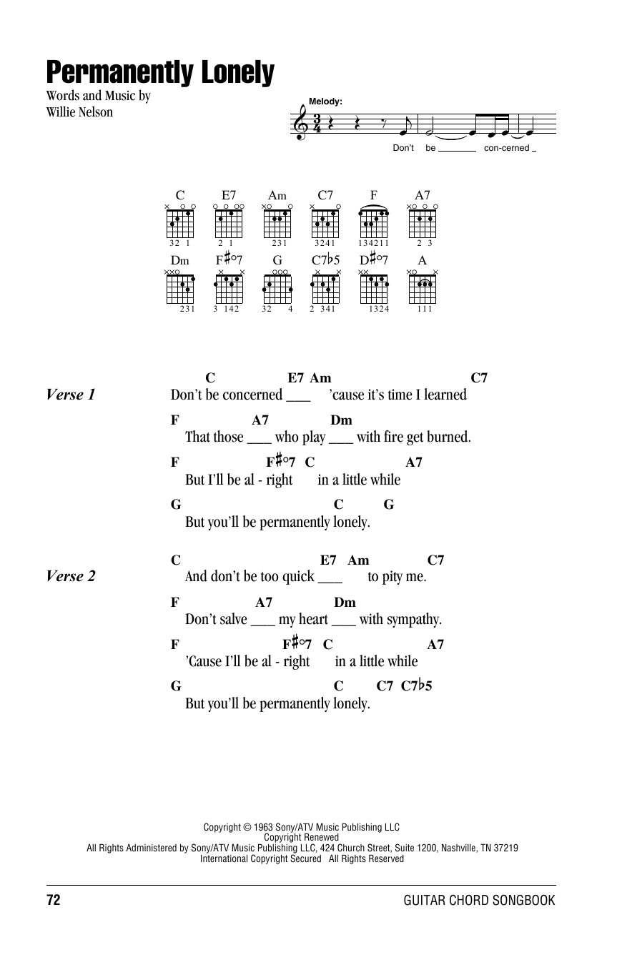 Download Willie Nelson Permanently Lonely Sheet Music and learn how to play Lyrics & Chords PDF digital score in minutes