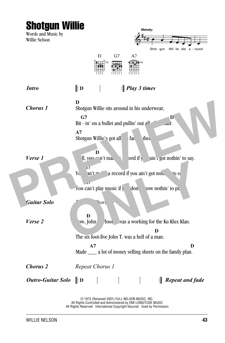 Download Willie Nelson Shotgun Willie Sheet Music and learn how to play Lyrics & Chords PDF digital score in minutes