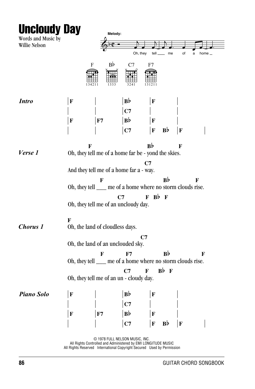 Download Willie Nelson Uncloudy Day Sheet Music and learn how to play Lyrics & Chords PDF digital score in minutes