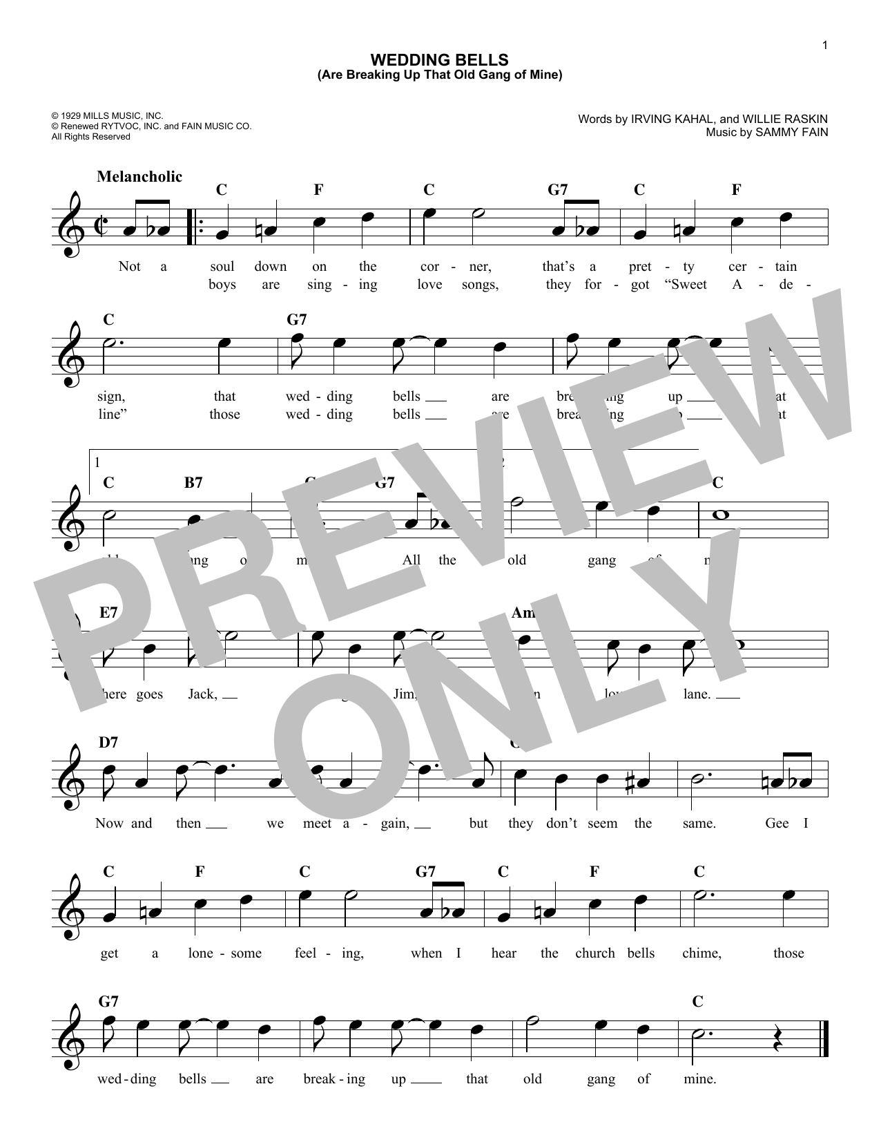 Download Willie Raskin Wedding Bells (Are Breaking Up That Old Gang Of Mine) Sheet Music and learn how to play Melody Line, Lyrics & Chords PDF digital score in minutes