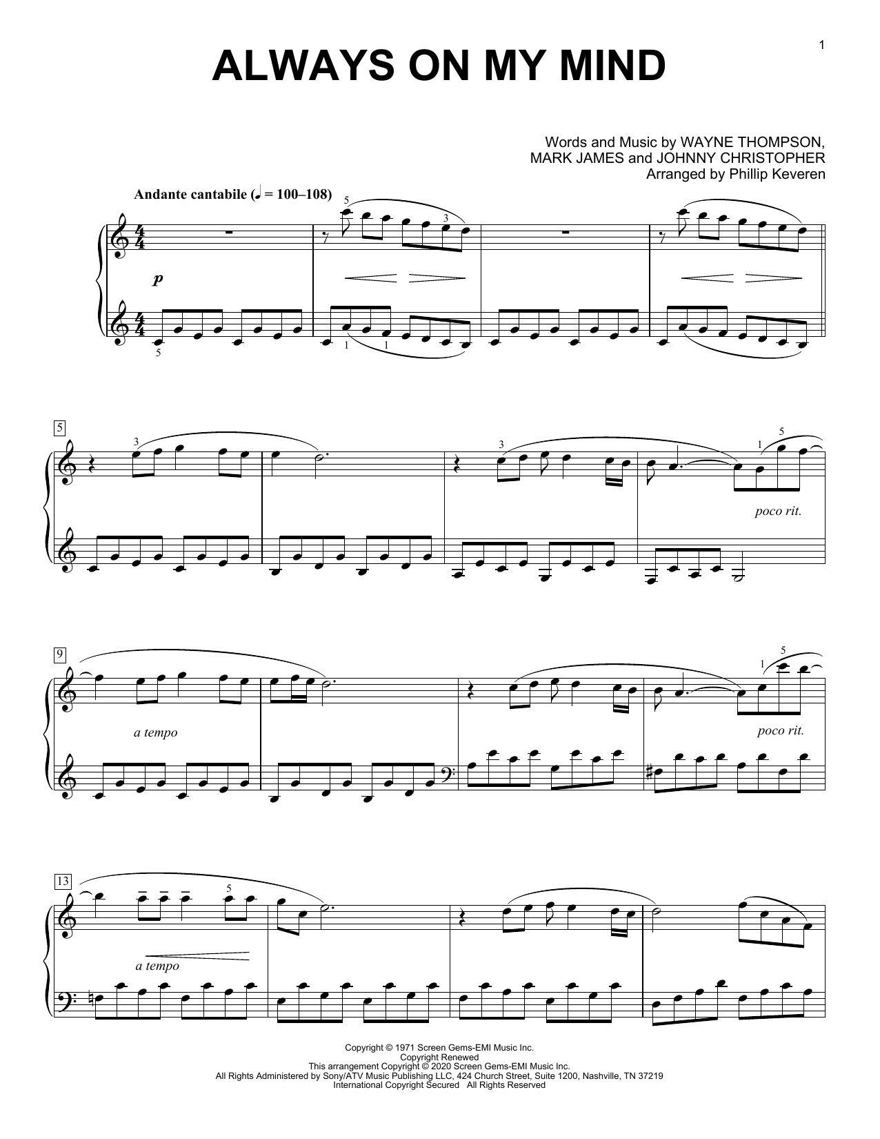 Willie Nelson Always On My Mind Classical Version Arr Phillip Keveren Sheet Music Notes 