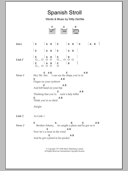 Download Willy DeVille Spanish Stroll Sheet Music and learn how to play Lyrics & Chords PDF digital score in minutes