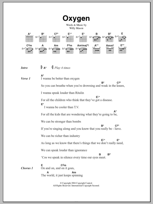 Download Willy Mason Oxygen Sheet Music and learn how to play Lyrics & Chords PDF digital score in minutes