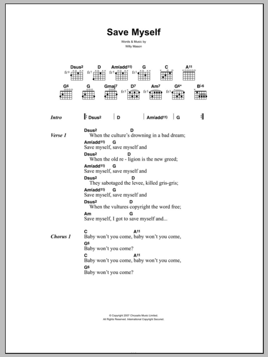 Download Willy Mason Save Myself Sheet Music and learn how to play Lyrics & Chords PDF digital score in minutes