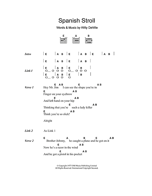 Download Willy DeVille Spanish Stroll Sheet Music and learn how to play Lyrics & Chords PDF digital score in minutes