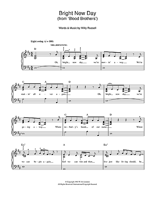 Download Willy Russell Bright New Day (from Blood Brothers) Sheet Music and learn how to play Easy Piano PDF digital score in minutes