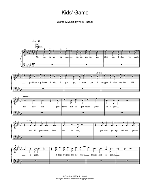 Download Willy Russell Kids' Game (from Blood Brothers) Sheet Music and learn how to play Easy Piano PDF digital score in minutes