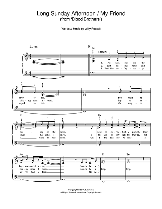 Download Willy Russell Long Sunday Afternoon/My Friend (from Blood Brothers) Sheet Music and learn how to play Easy Piano PDF digital score in minutes
