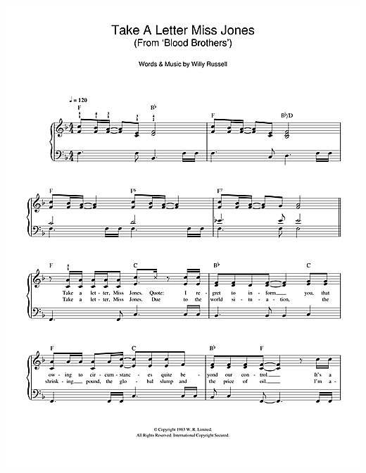 Download Willy Russell Take A Letter Miss Jones (from Blood Brothers) Sheet Music and learn how to play Easy Piano PDF digital score in minutes