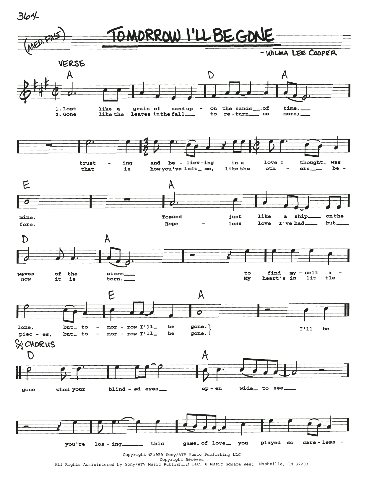 Download Wilma Lee Cooper Tomorrow I'll Be Gone Sheet Music and learn how to play Real Book – Melody, Lyrics & Chords PDF digital score in minutes