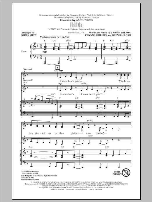 Download Wilson Phillips Hold On (arr. Kirby Shaw) Sheet Music and learn how to play SSA PDF digital score in minutes