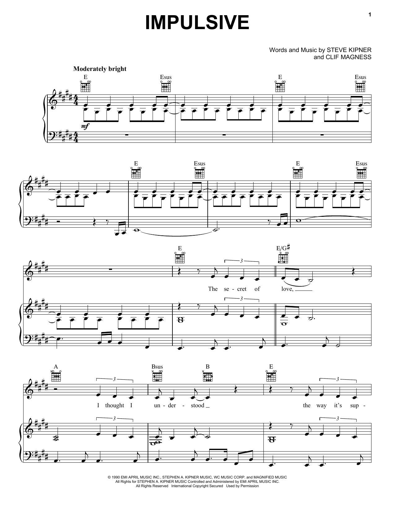 Download Wilson Phillips Impulsive Sheet Music and learn how to play Piano, Vocal & Guitar Chords (Right-Hand Melody) PDF digital score in minutes