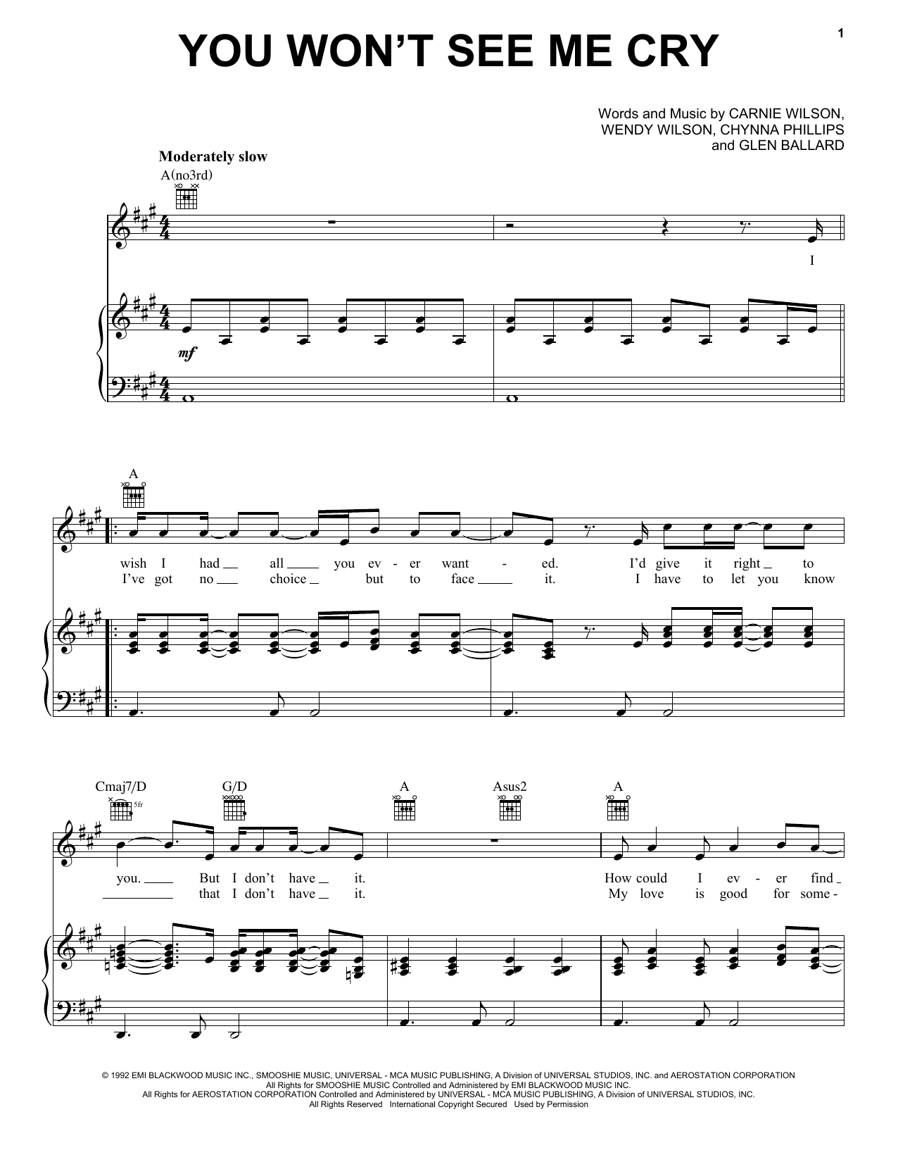 Download Wilson Phillips You Won't See Me Cry Sheet Music and learn how to play Piano, Vocal & Guitar Chords (Right-Hand Melody) PDF digital score in minutes