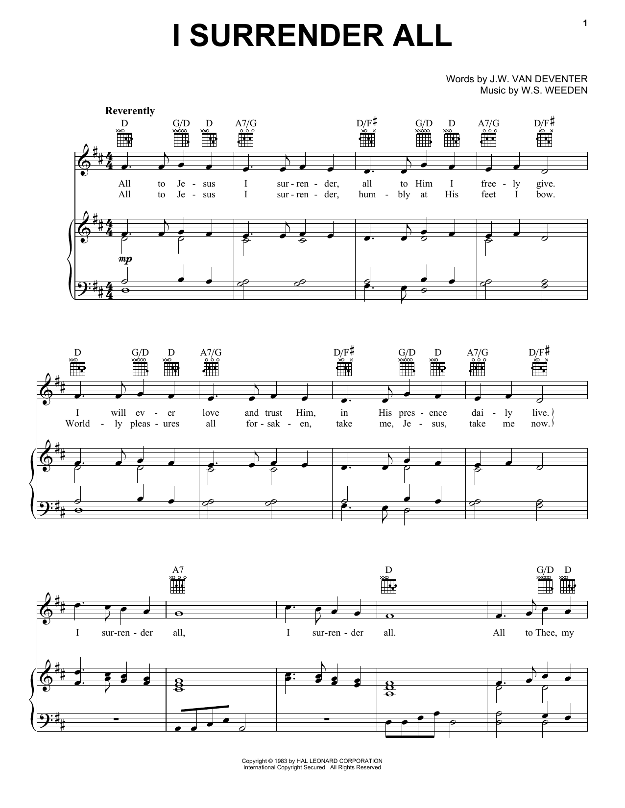 Download Winfield S. Weeden I Surrender All Sheet Music and learn how to play Piano, Vocal & Guitar Chords (Right-Hand Melody) PDF digital score in minutes