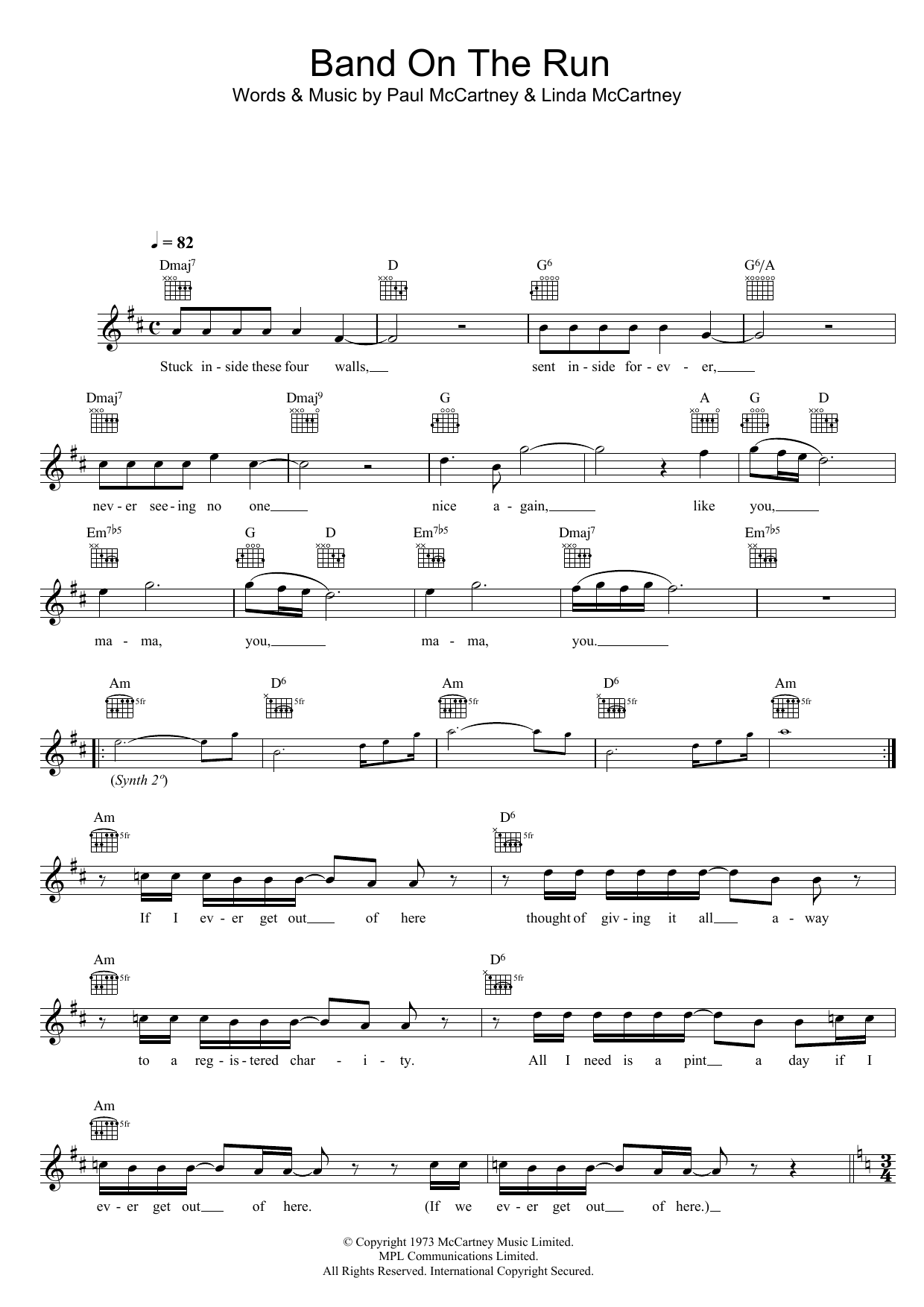Wings "Band On The Run" Sheet Music Notes Download Printable PDF