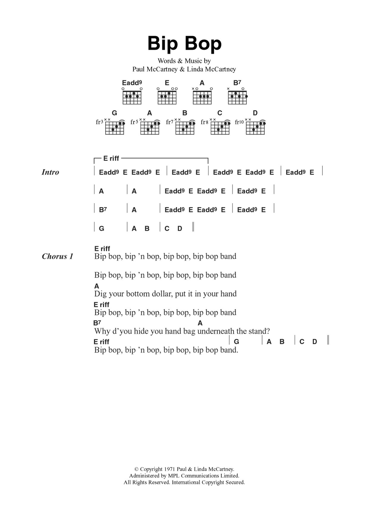 Download Wings Bip Bop/Hey Diddle Sheet Music and learn how to play Guitar Chords/Lyrics PDF digital score in minutes