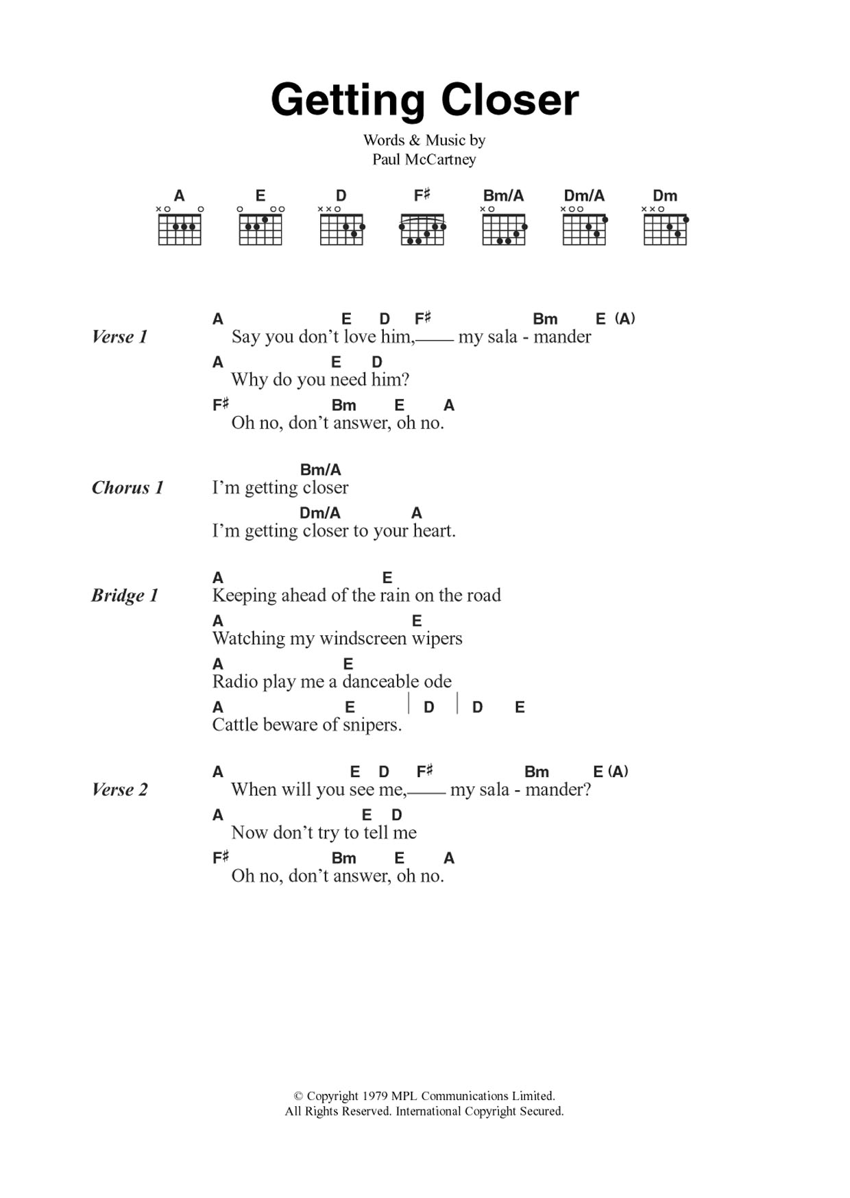 Download Wings Getting Closer Sheet Music and learn how to play Guitar Chords/Lyrics PDF digital score in minutes