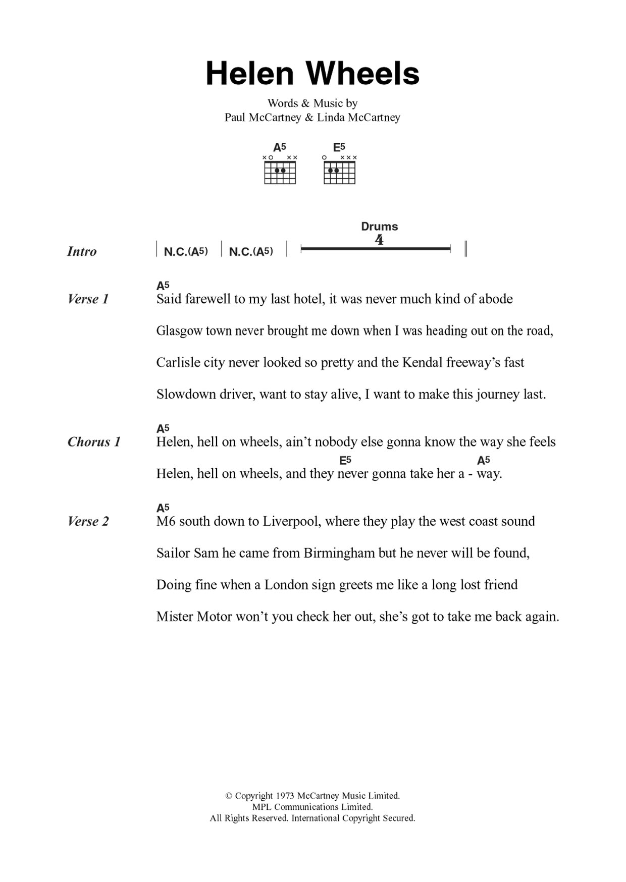 Download Wings Helen Wheels Sheet Music and learn how to play Guitar Chords/Lyrics PDF digital score in minutes