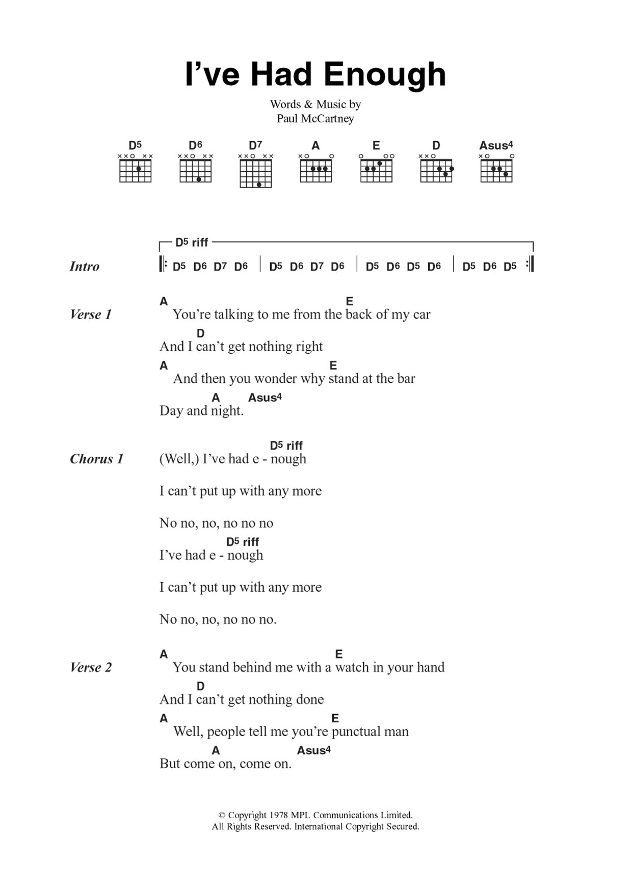 Download Wings I've Had Enough Sheet Music and learn how to play Guitar Chords/Lyrics PDF digital score in minutes