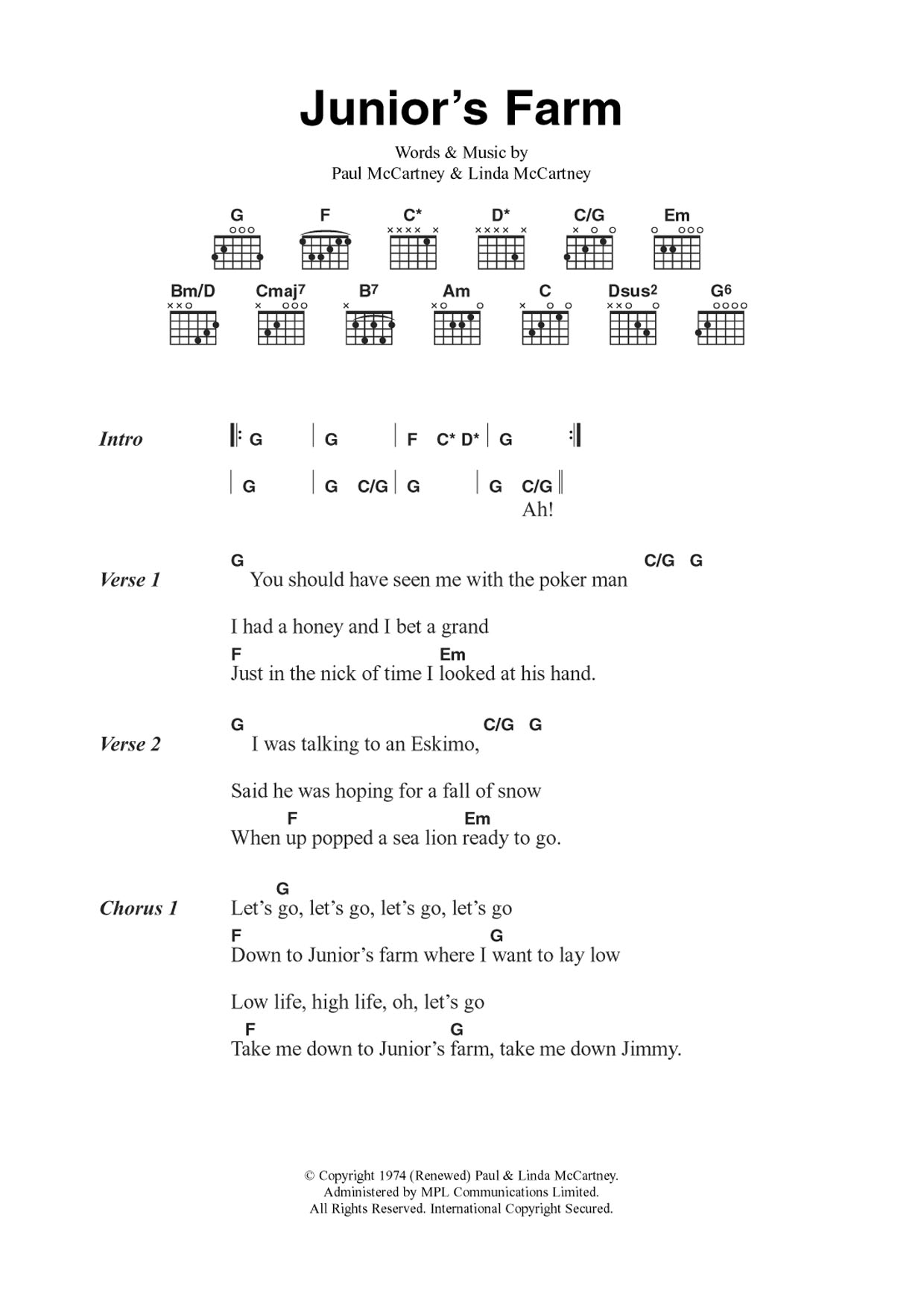 Download Wings Junior's Farm Sheet Music and learn how to play Guitar Chords/Lyrics PDF digital score in minutes