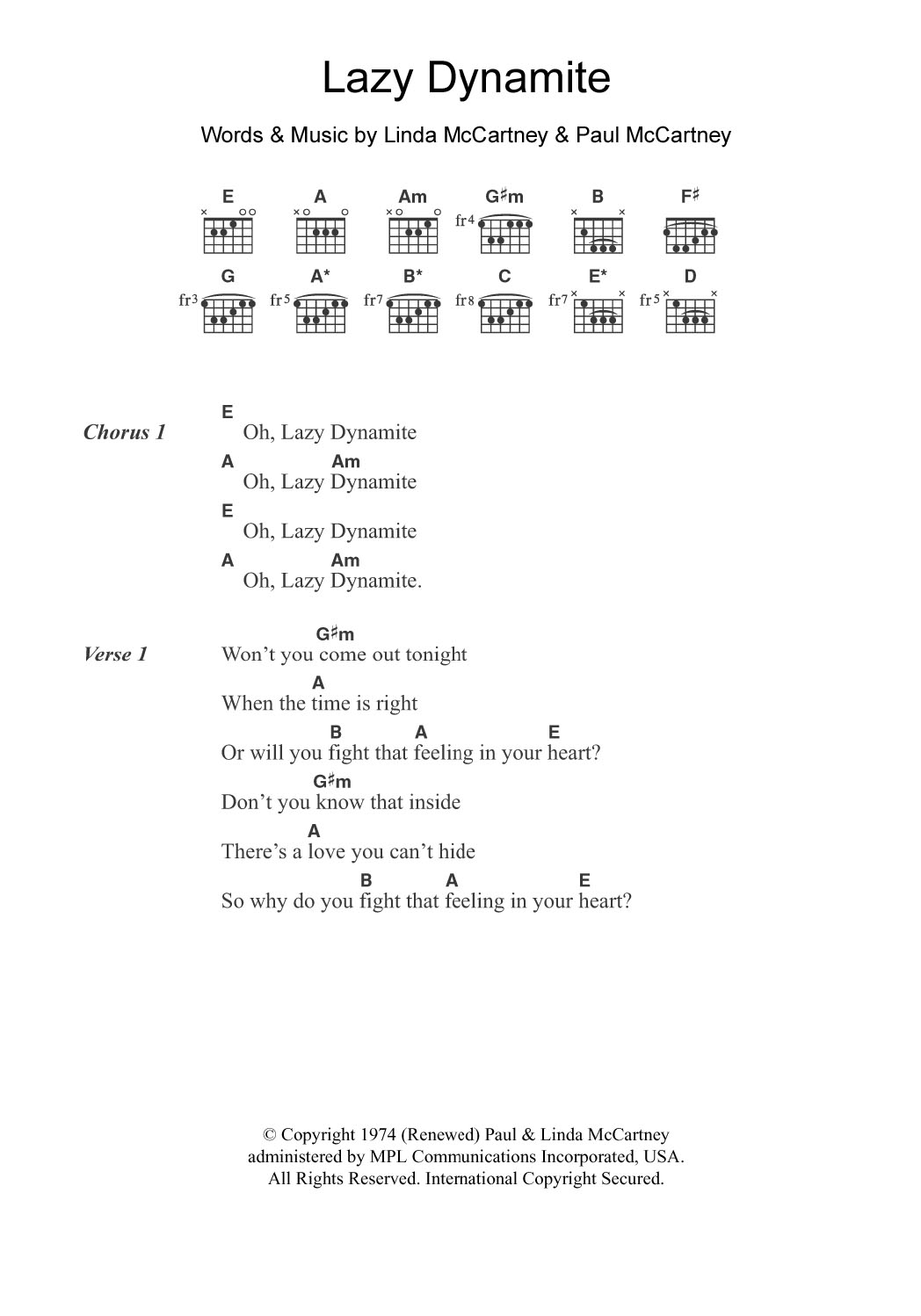Download Wings Lazy Dynamite Sheet Music and learn how to play Guitar Chords/Lyrics PDF digital score in minutes