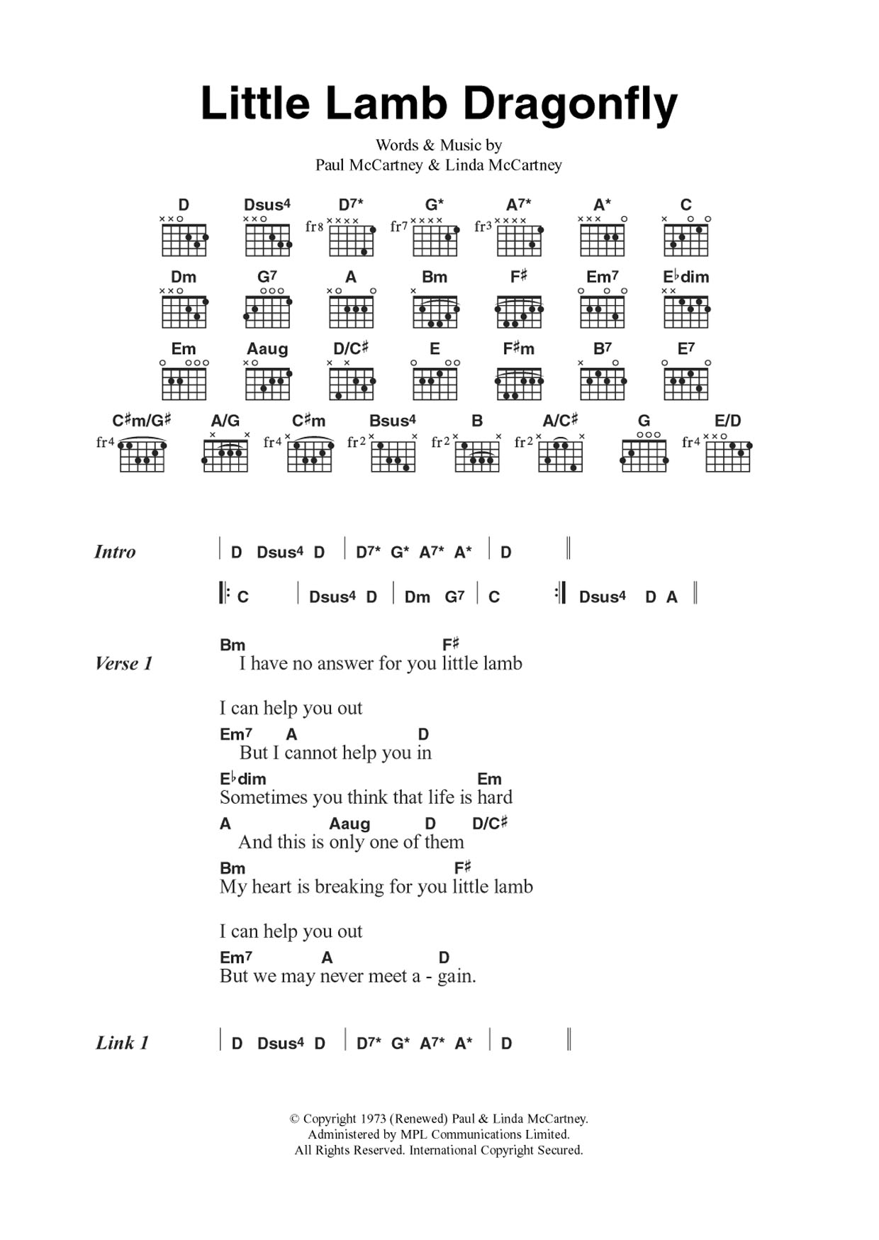 Download Wings Little Lamb Dragonfly Sheet Music and learn how to play Guitar Chords/Lyrics PDF digital score in minutes