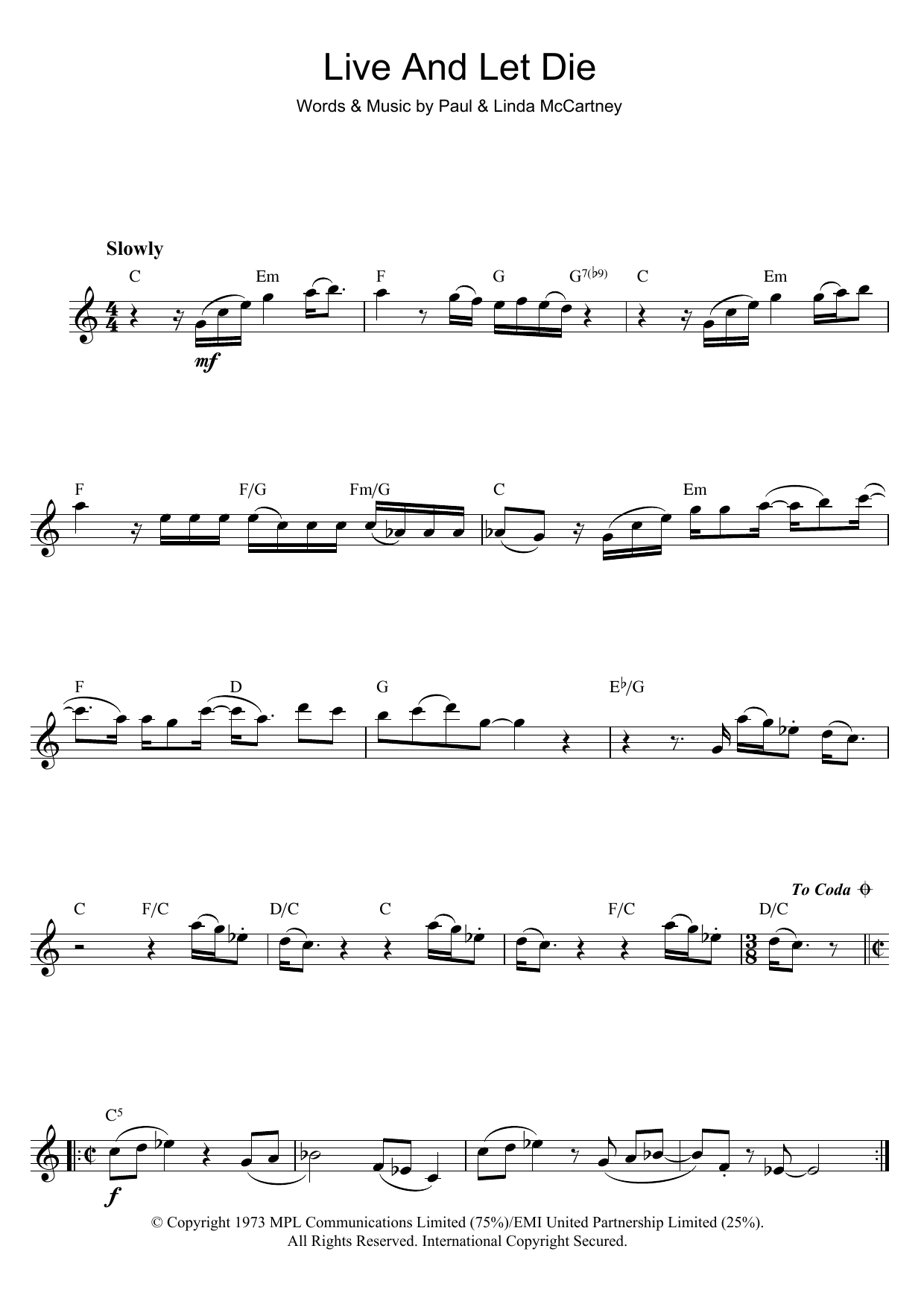 Download Wings Live And Let Die (theme from the James Bond film) Sheet Music and learn how to play Guitar Chords/Lyrics PDF digital score in minutes