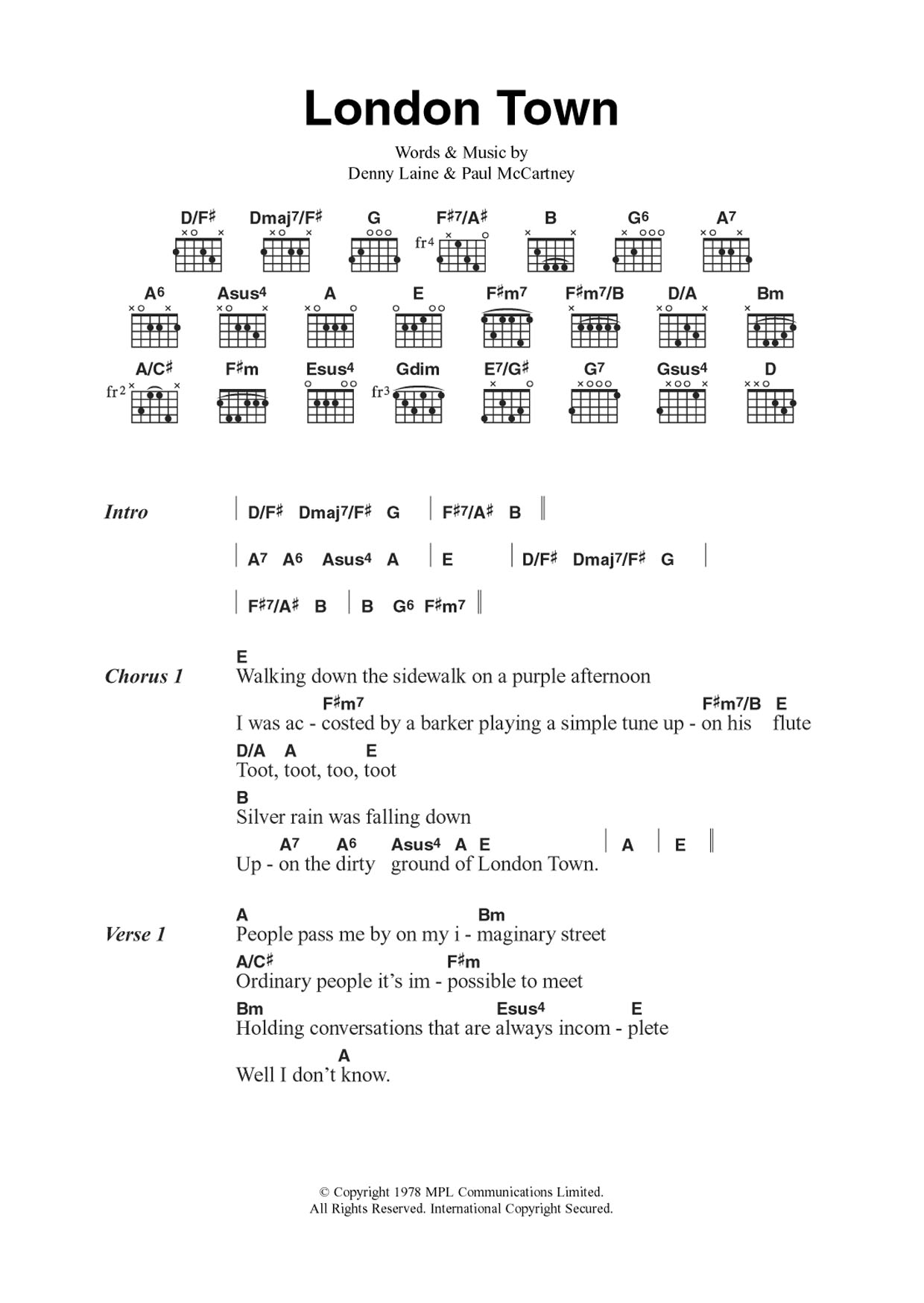 Download Wings London Town Sheet Music and learn how to play Guitar Chords/Lyrics PDF digital score in minutes