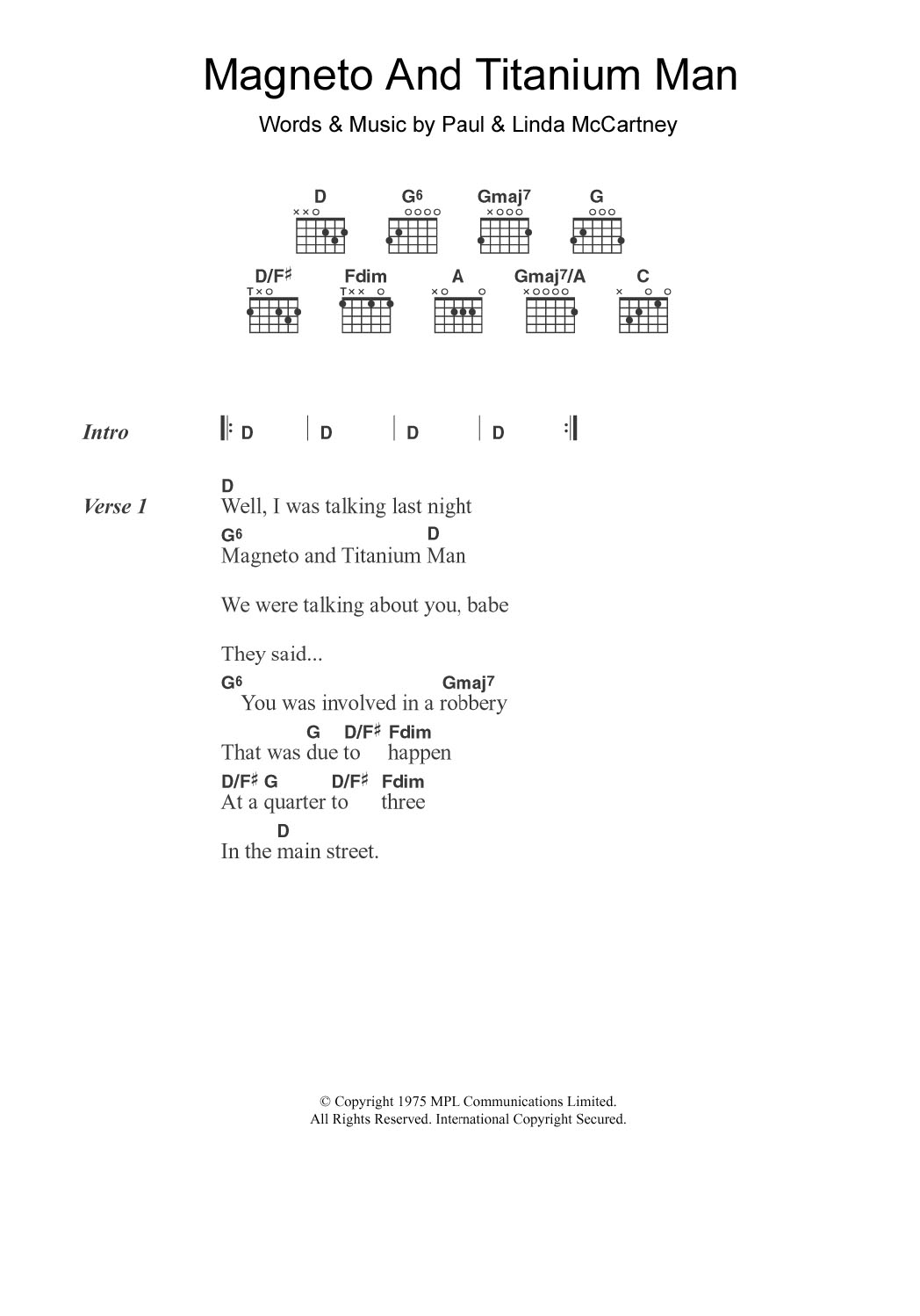 Download Paul McCartney & Wings Magneto And Titanium Man Sheet Music and learn how to play Lyrics & Chords PDF digital score in minutes