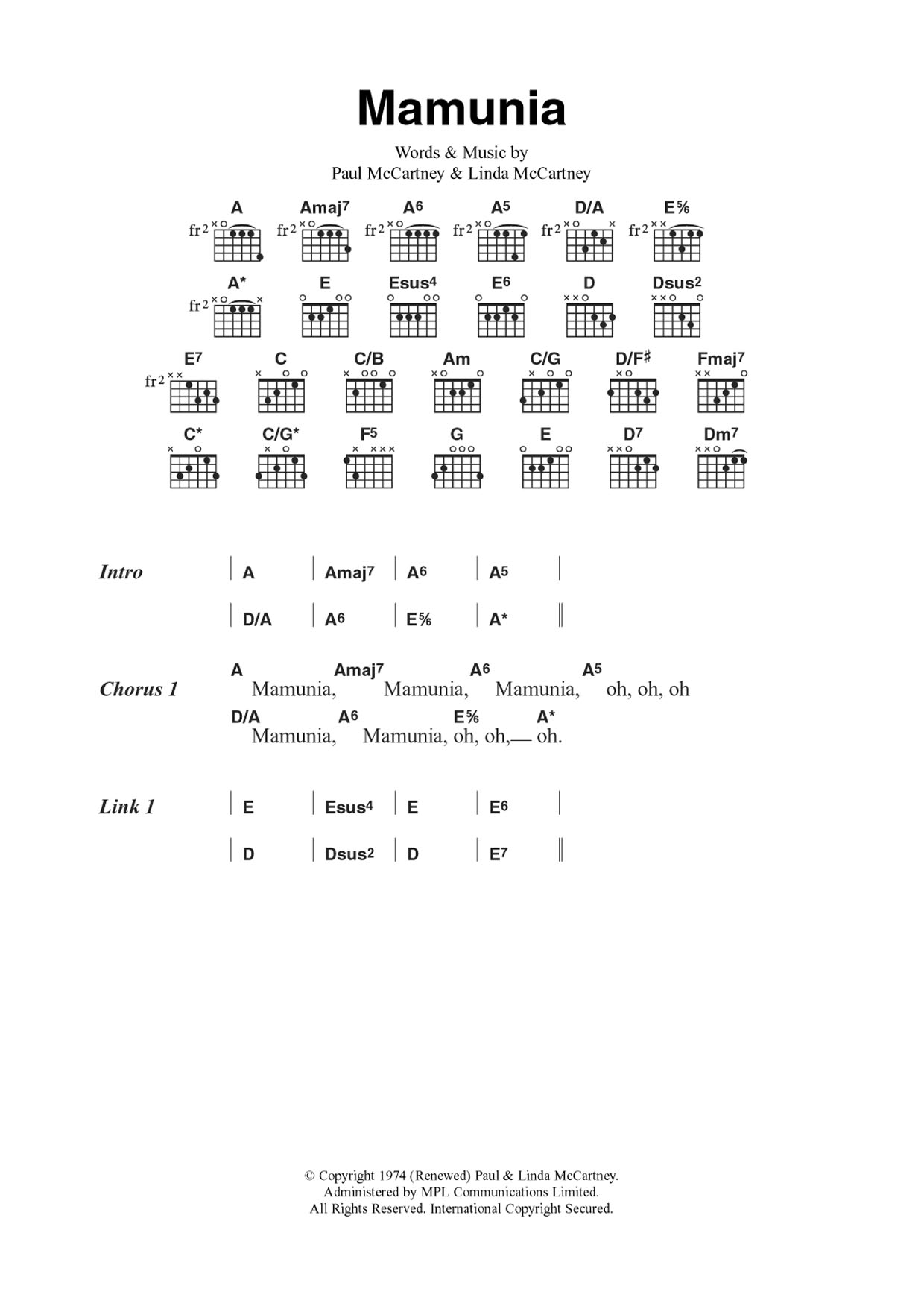 Download Paul McCartney & Wings Mamunia Sheet Music and learn how to play Piano, Vocal & Guitar PDF digital score in minutes