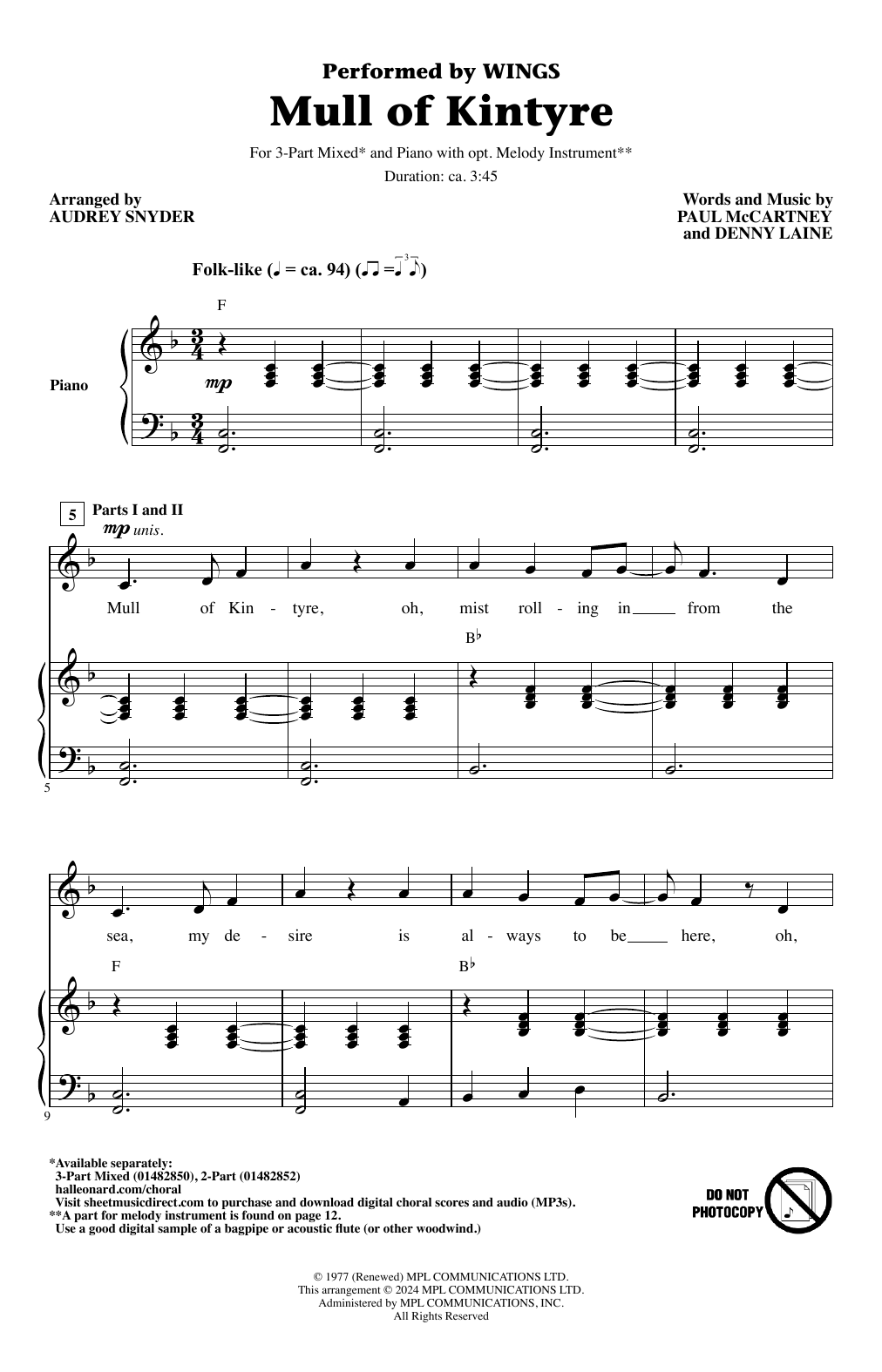 Download Wings Mull Of Kintyre (arr. Audrey Snyder) Sheet Music and learn how to play 2-Part Choir PDF digital score in minutes