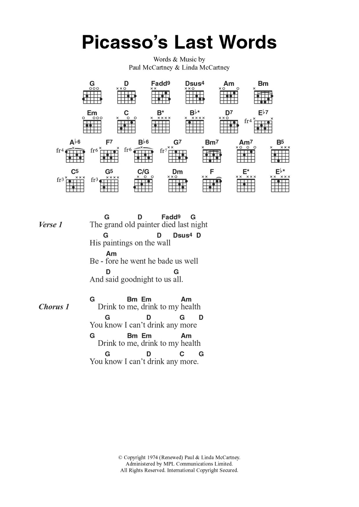 Download Wings Picasso's Last Words Sheet Music and learn how to play Guitar Chords/Lyrics PDF digital score in minutes